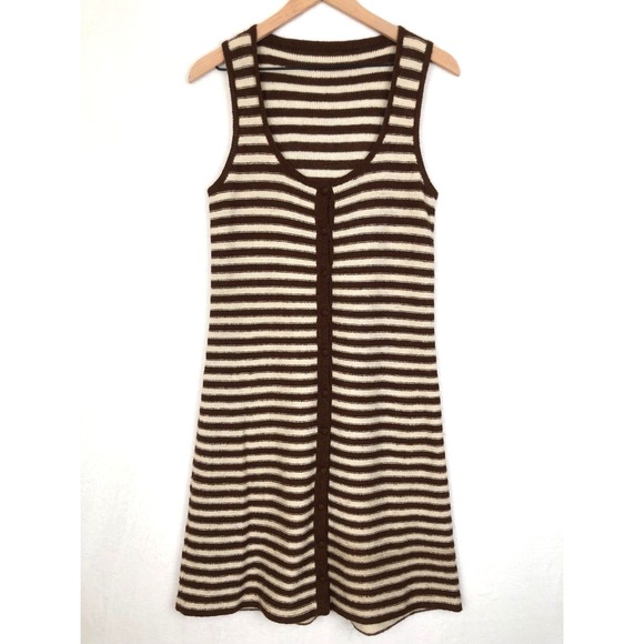 WOOL Tank Midi Dress Sz S/M Brown Ivory Striped Covered Buttons Reversed Knit - Picture 1 of 7
